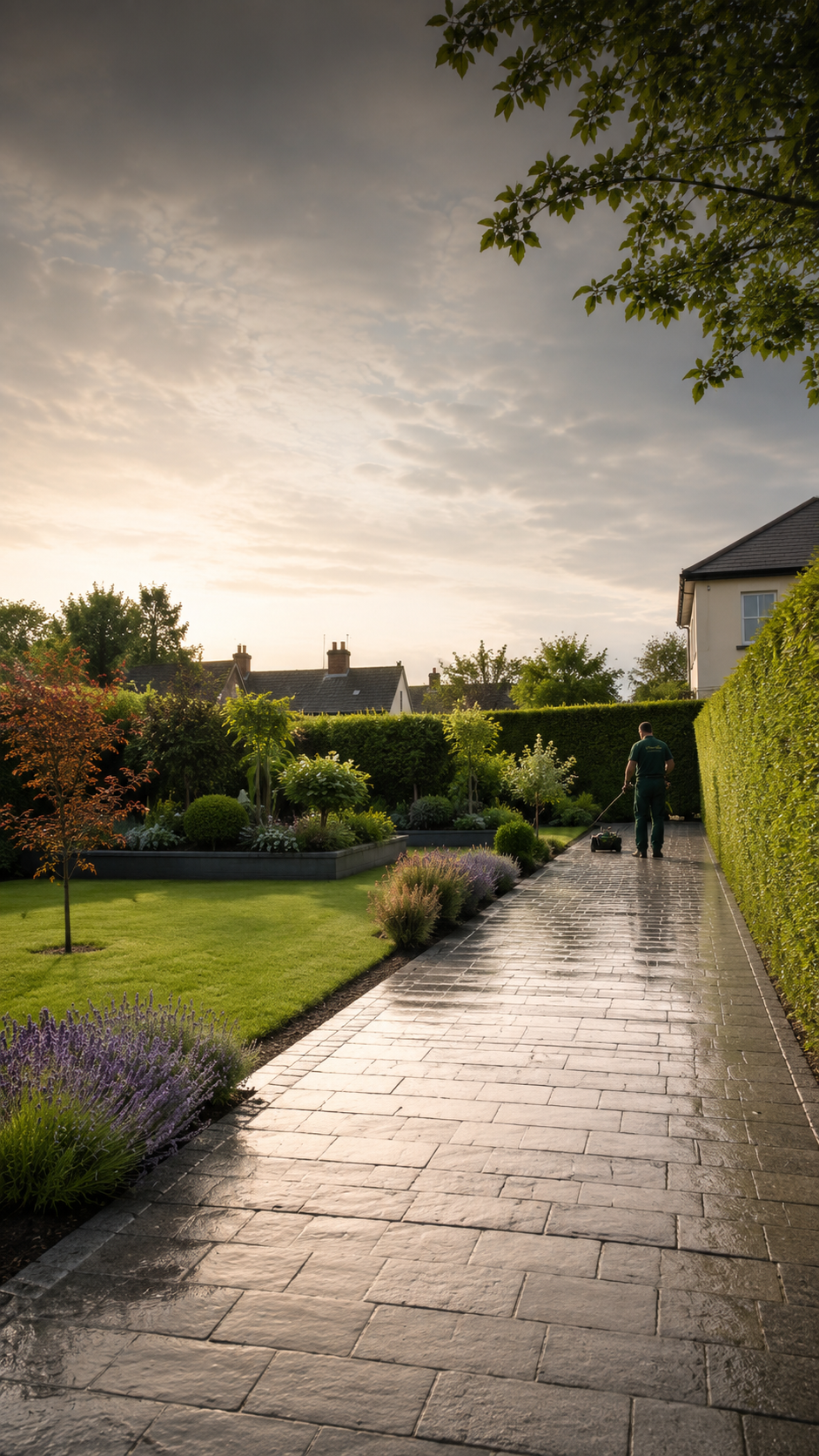 Perfectly manicured garden with paved path, lavender and hedges