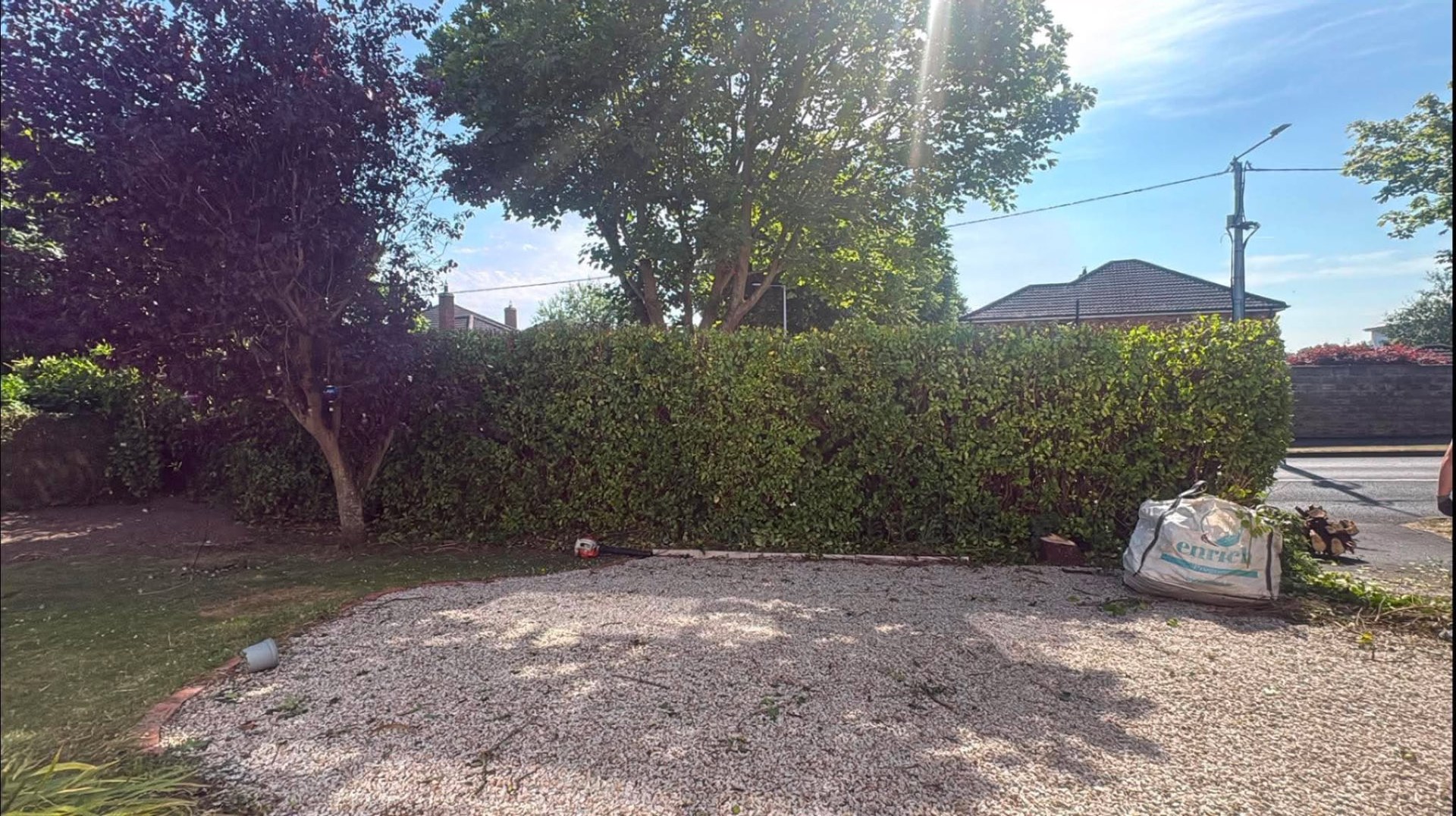 Same boundary hedge cut down level and square with cuttings bagged up