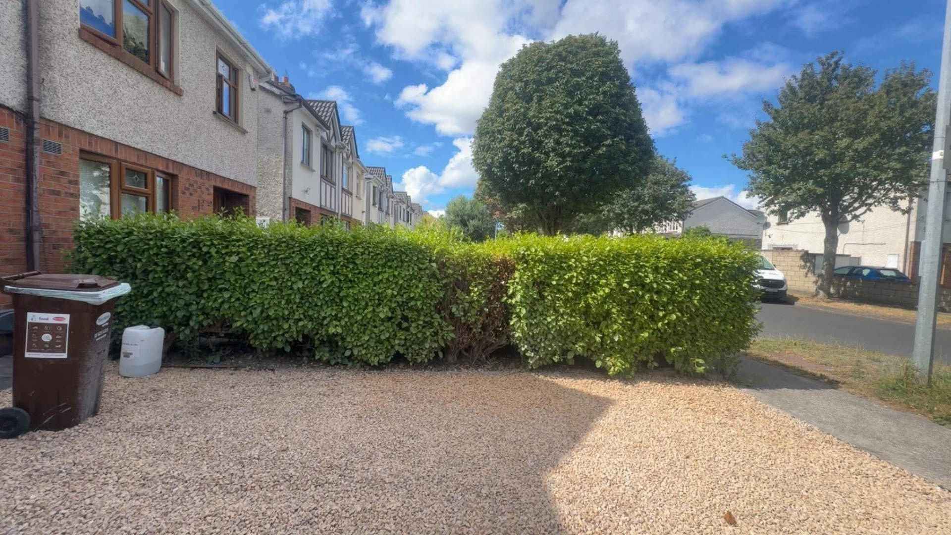 Overgrown bushy front garden hedge before trimming